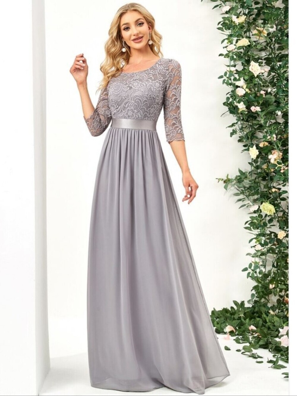 Ever Pretty Chiffon Bridesmaid Dress Women's Gray Lavander Lace 3/4 Sleeve Sz 6